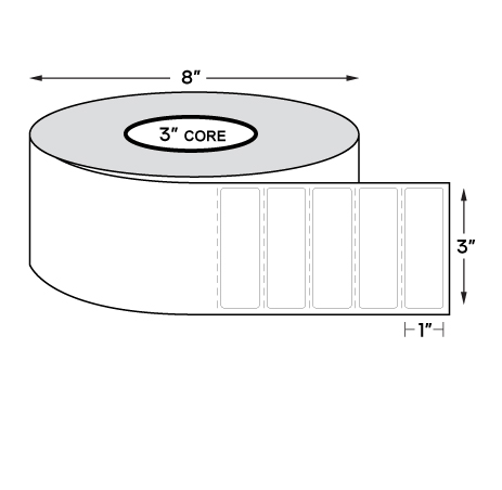 3" x 1" Standard Direct Thermal Labels on 3" Core, Perforations, Wound Out, Permanent Adhesive (5100 Labels Per Roll)